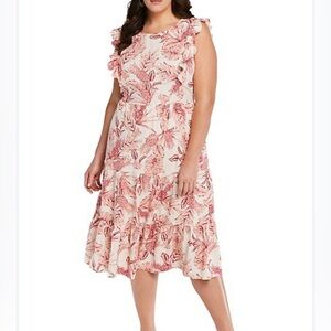 Plus Botanical Pineapple Linen-Blend Tiered Midi Dress NWT size 2X
